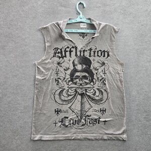 Affliction Men Shirt L Gray Graphic Print Skull Cross Logo Grunge Y2K